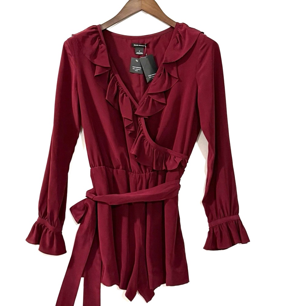 Club Monaco Cedrika Romper Womens 2 Silk Burgundy Long Sleeve Ruffle Pockets